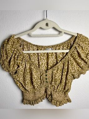 Swell Mustard Leopard-Print Cropped Peasant Top